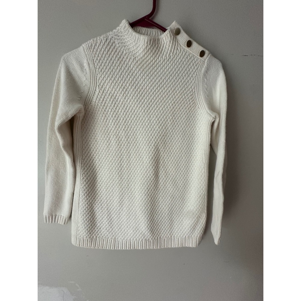 Talbots Petite Cream White Textured Knit Mock Neck Sweater Gold Buttons Size P
